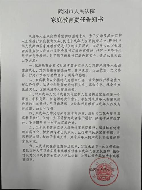 武冈法院发出家庭教育指导令护少年