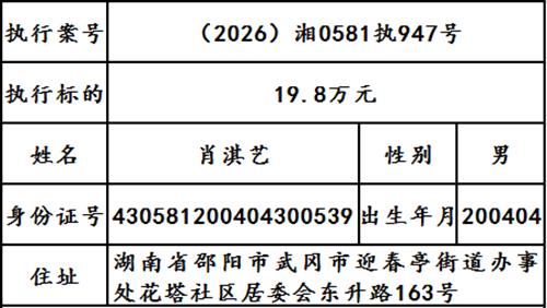曝光|武冈市人民法院2026年第十七期失信被执行人名单出炉！