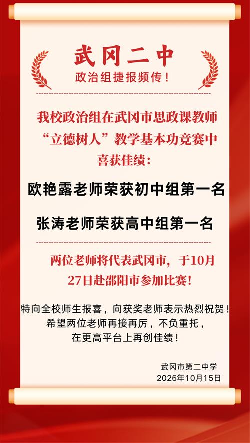 武冈二中两名教师在全市思政课竞赛中夺冠